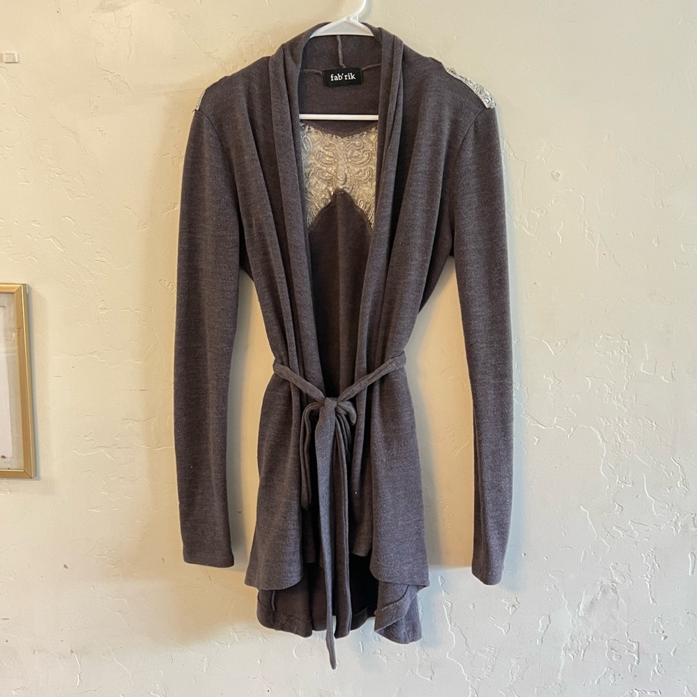 Fab’rik Gray & Cream Crochet Back Tie Waist Cardigan Medium